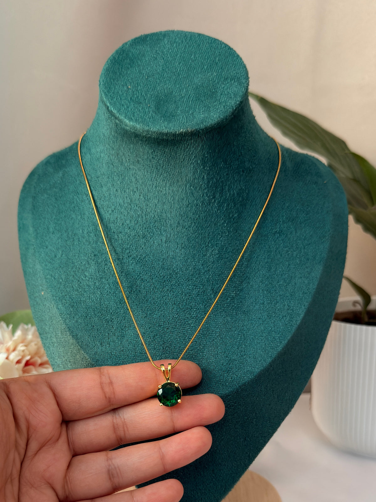 Green Stone Pendant with Chain