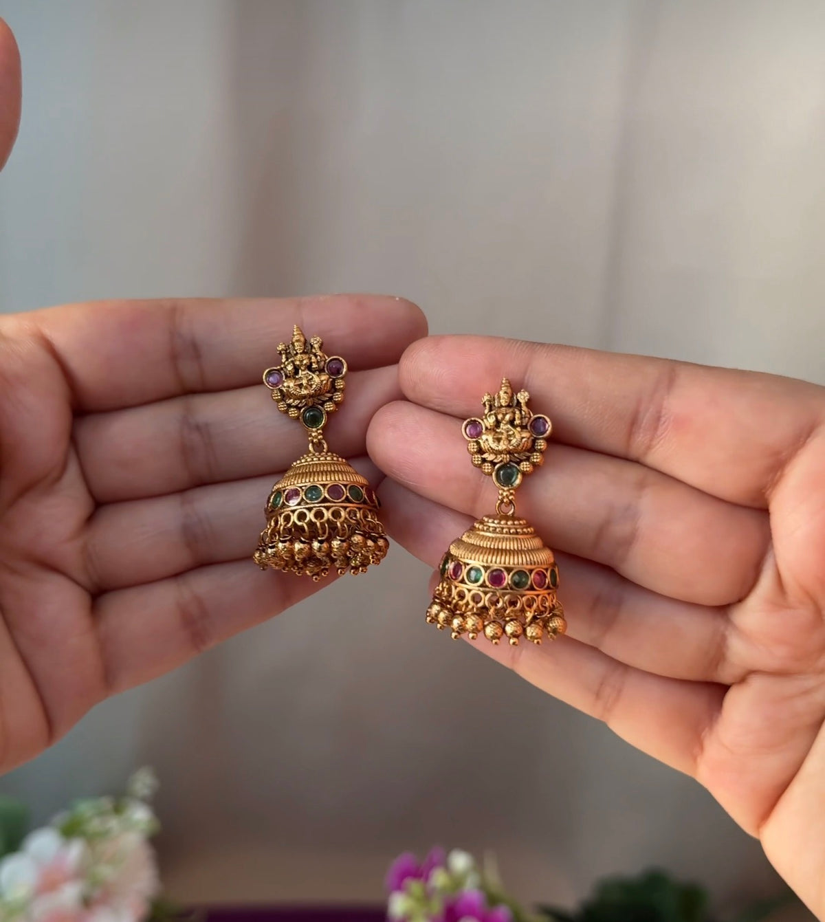 Multi Stone Goddess Jhumka with Gold Beads EAR60