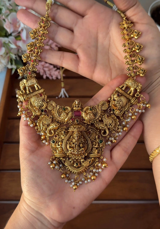 Lakshmi Devi Peacock Gold and Pearl Semi Bridal Necklace NE168