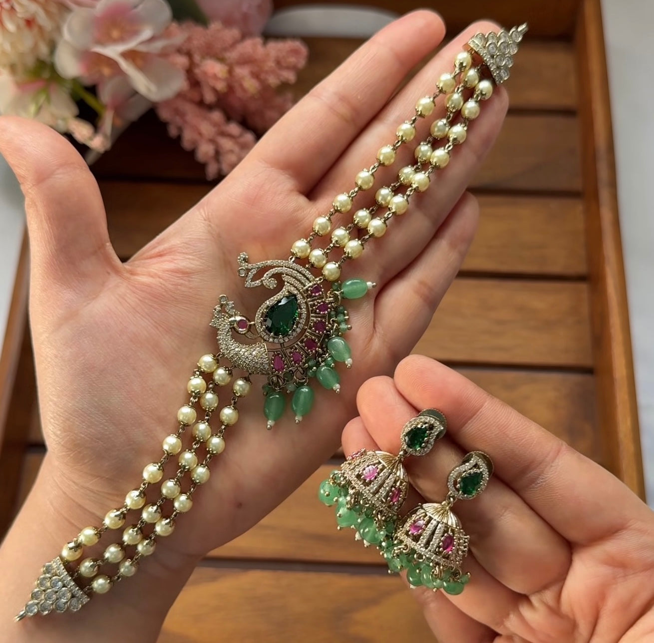 premium peacock choker with green beads