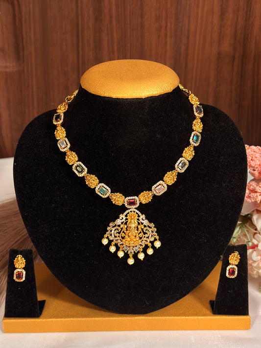 AD stone necklace with lakshmi dollar pearl hanging DIA27