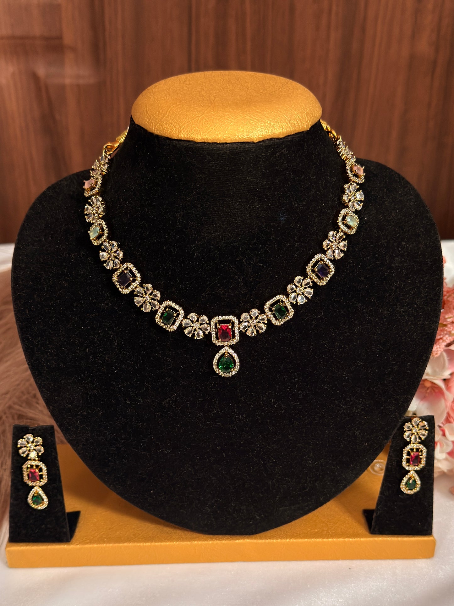 Multi stone flower design AD necklace