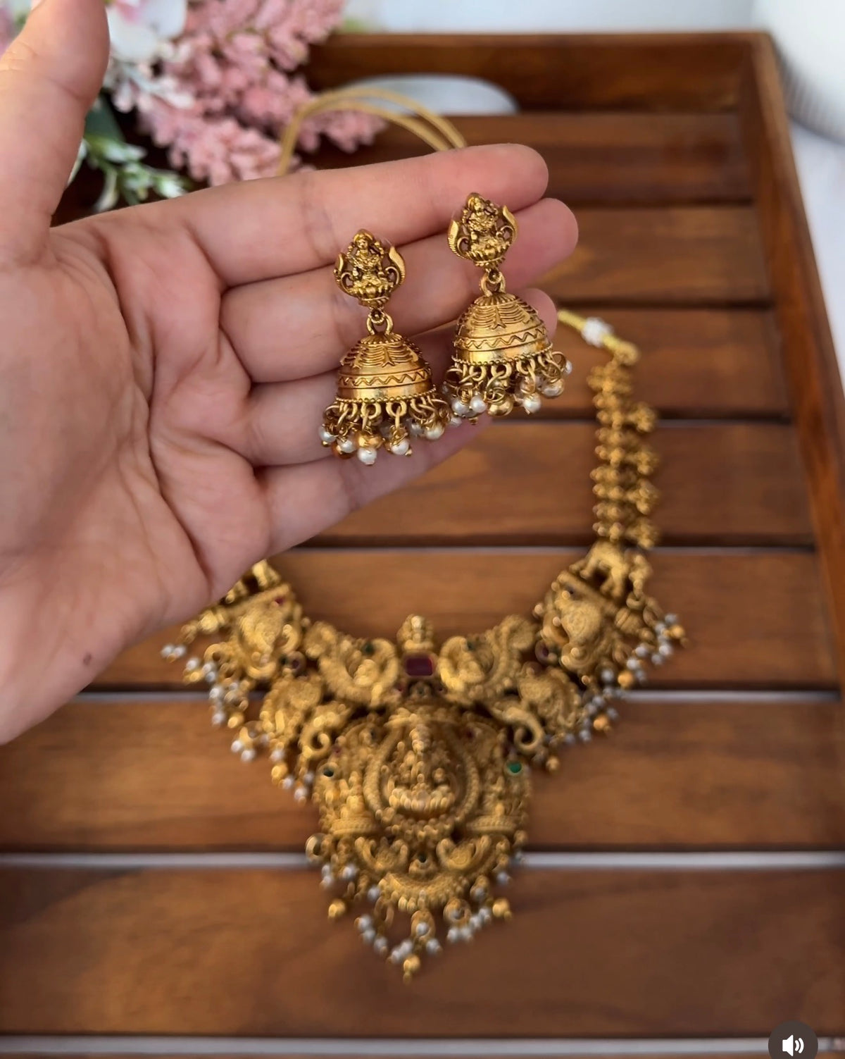 Lakshmi Devi Peacock Gold and Pearl Semi Bridal Necklace NE168