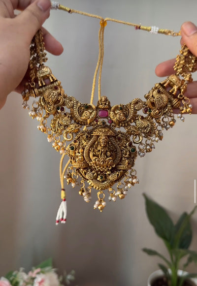 Lakshmi Devi Peacock Gold and Pearl Semi Bridal Necklace NE168