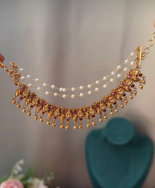Red Stone Lakshmi Devi Pearl Maatal with Gold Beads MA11