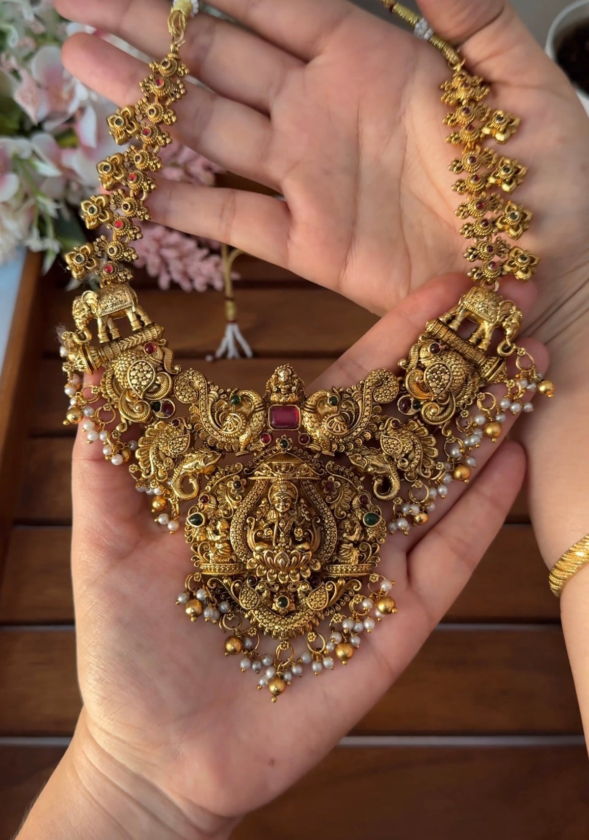 Lakshmi Devi Peacock Gold and Pearl Semi Bridal Necklace NE168