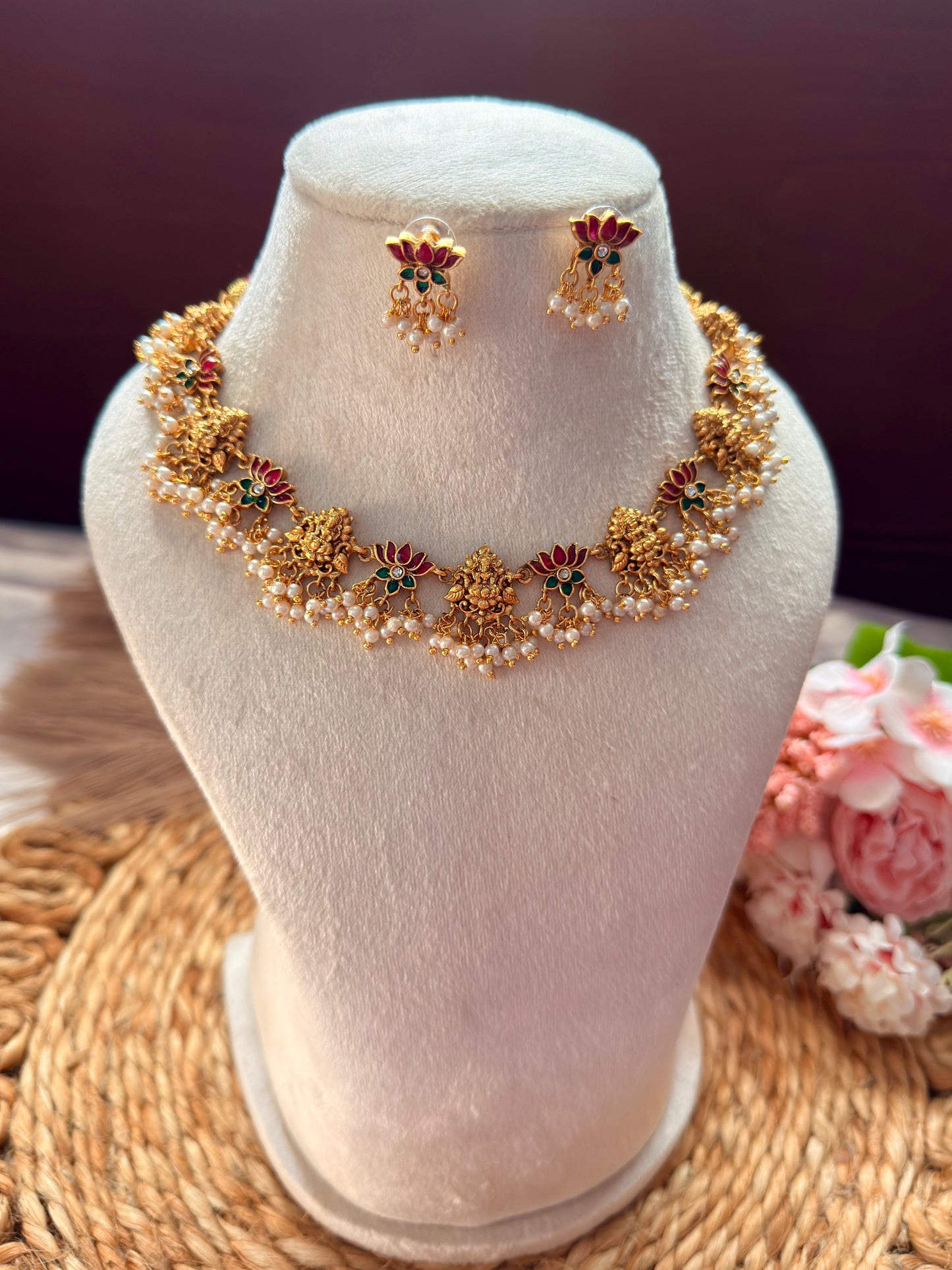 Lotus Necklace with Small Lakshmi Dollar NE31