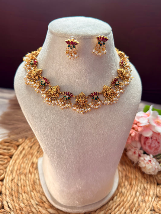 Lotus Necklace with Small Lakshmi Dollar NE31