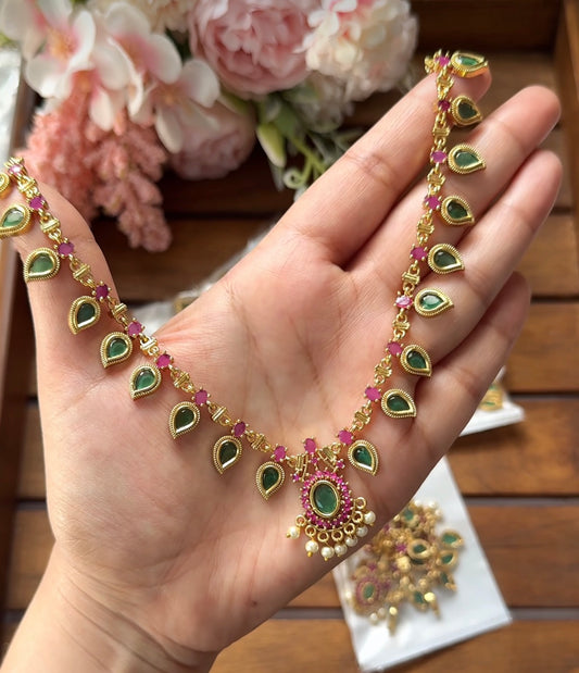 green palaka with pink stone and pearl hanging necklace NE76