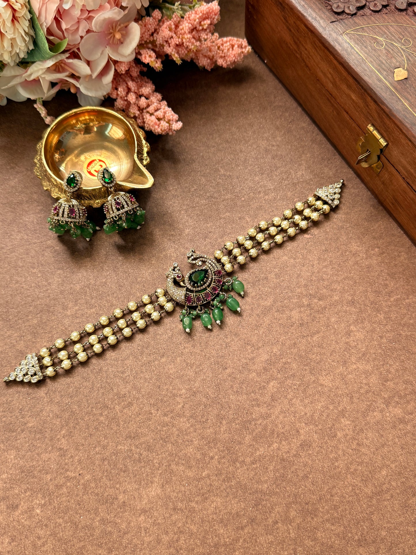 premium peacock choker with green beads