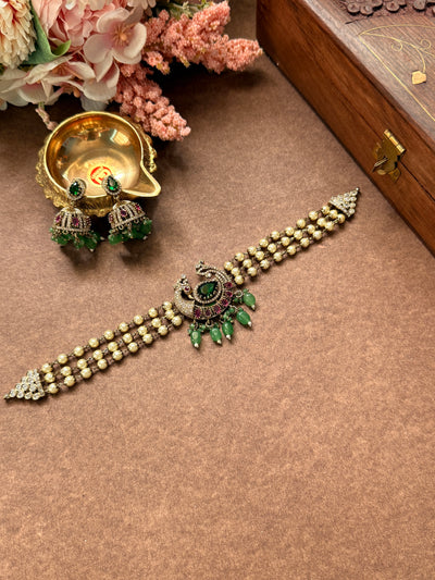premium peacock choker with green beads