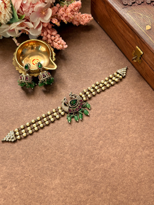premium peacock choker with green beads
