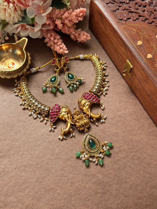 Elephant Necklace with kundan and Green Beads NE56