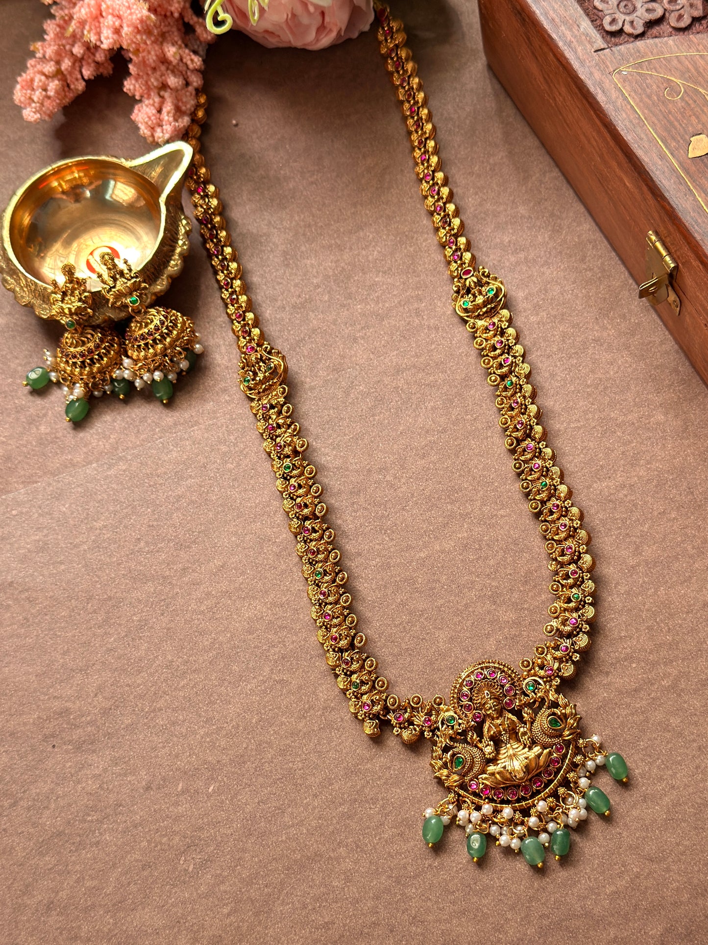 Lakshmi Long Haram with Green Beads and Multi stone L17
