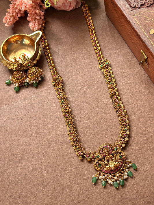 Lakshmi Long Haram with Green Beads and Multi stone L17