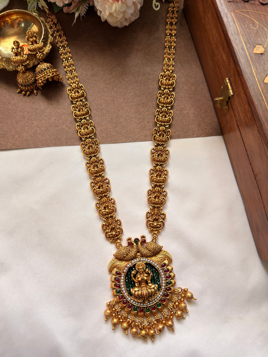 Lakshmi & peacock Long Haram with Green Beads Background