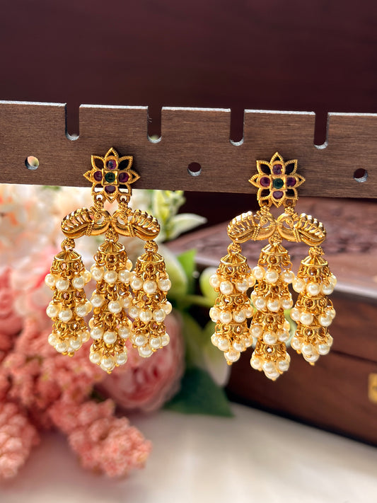 Triple Layer Pearl Hanging Kemp Jhumka EAR13
