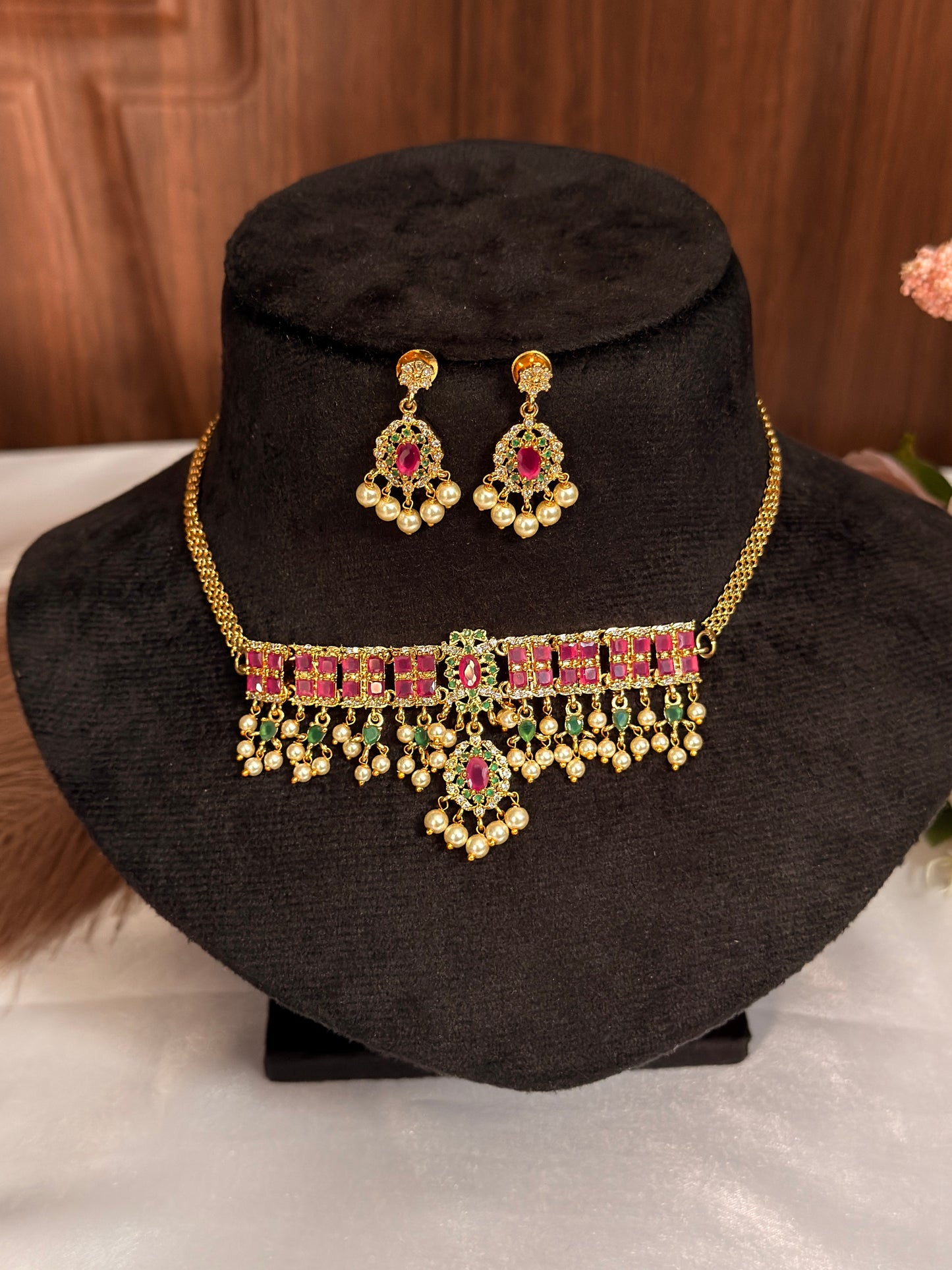 Pink stone AD necklace with pearl hanging DIA26