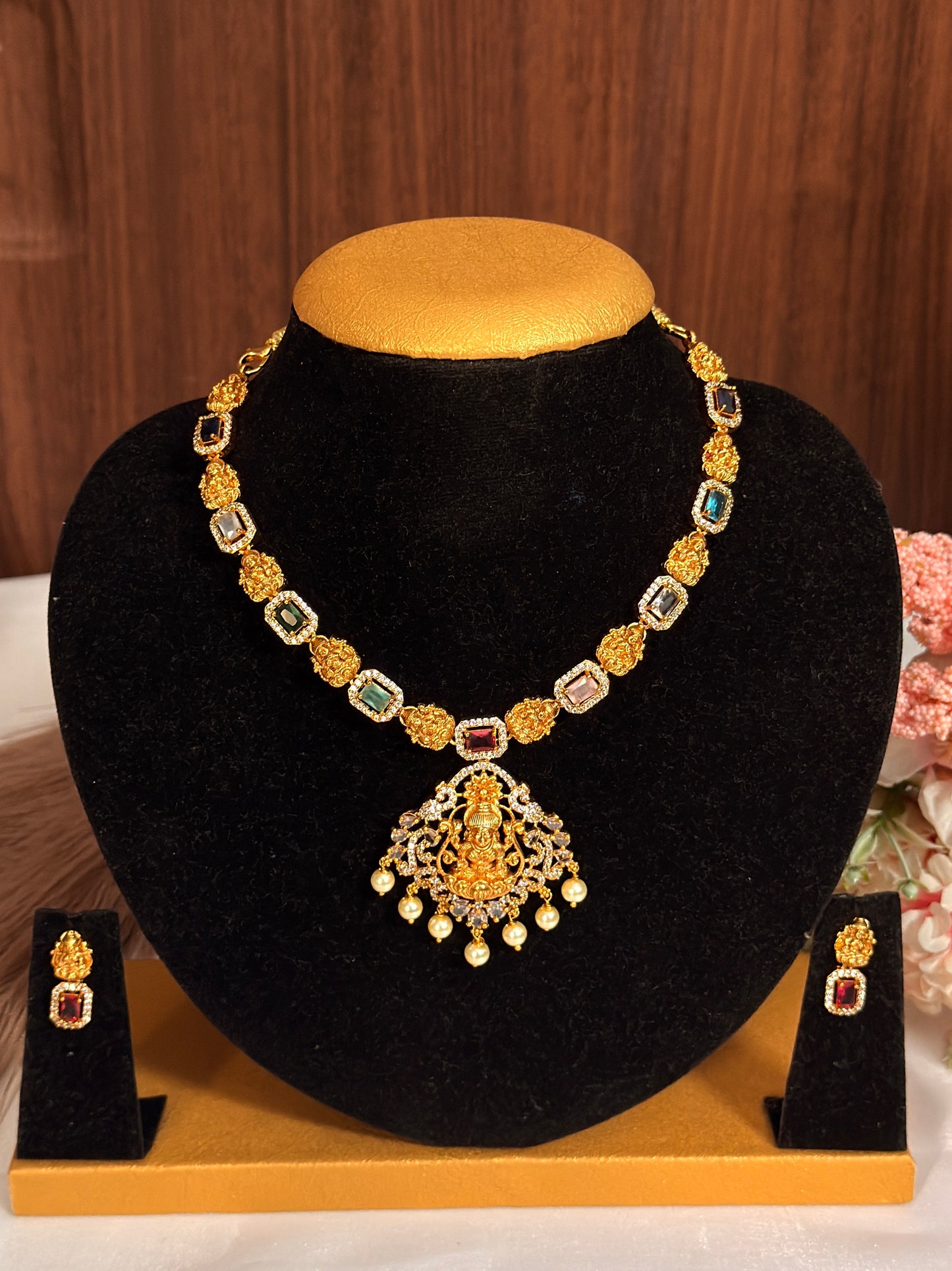 AD stone necklace with lakshmi dollar pearl hanging DIA27