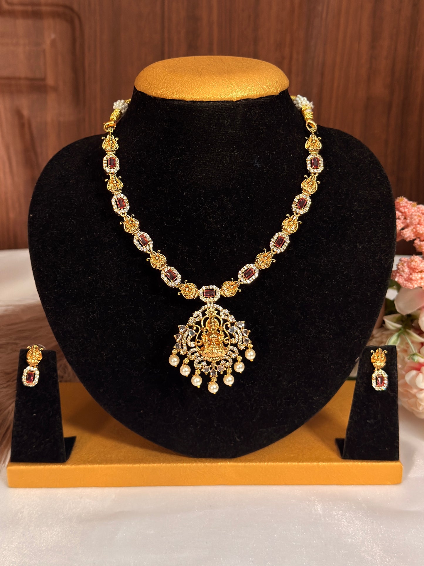 AD stone necklace with lakshmi dollar pearl hanging DIA27