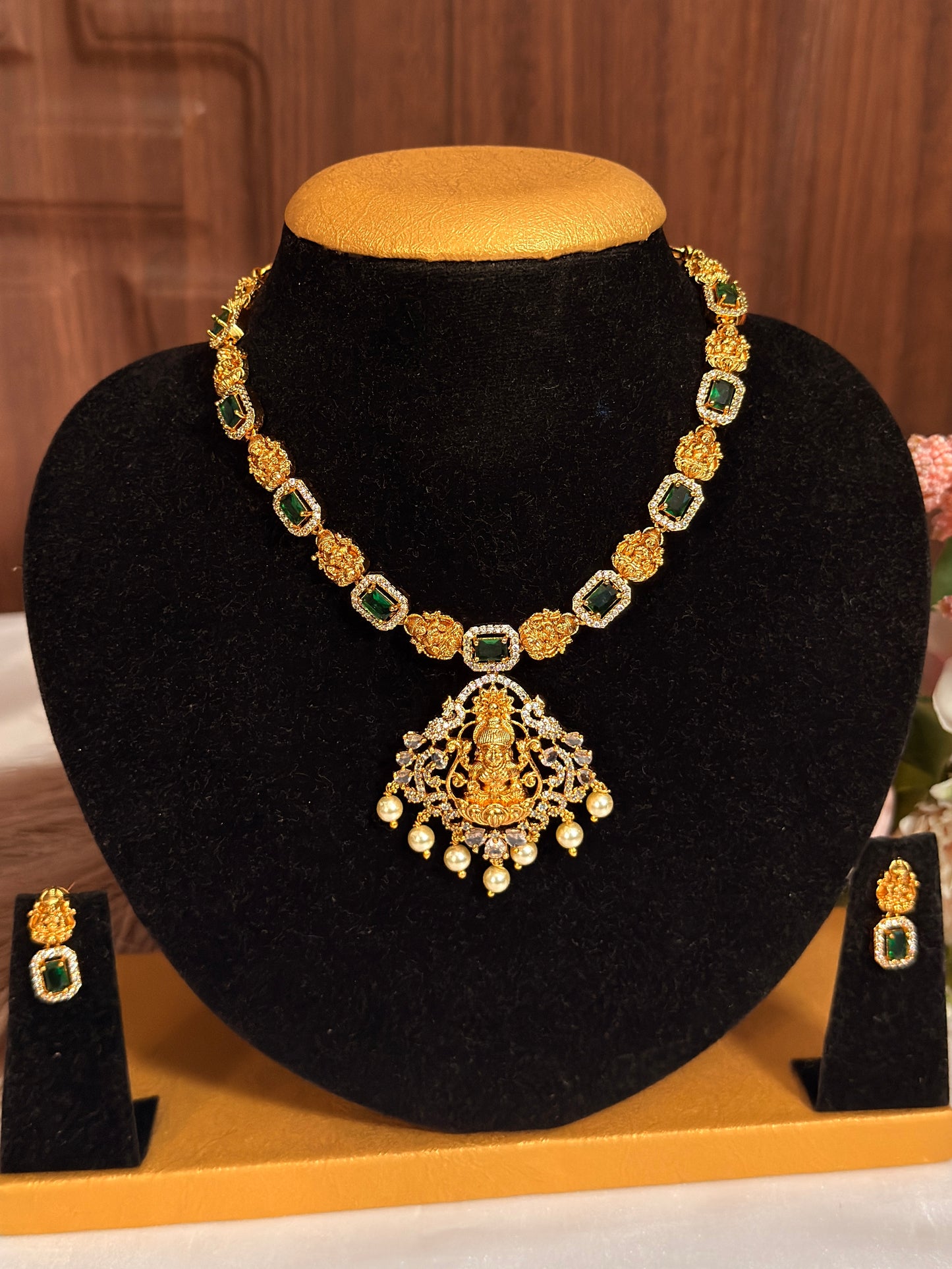 AD stone necklace with lakshmi dollar pearl hanging DIA27