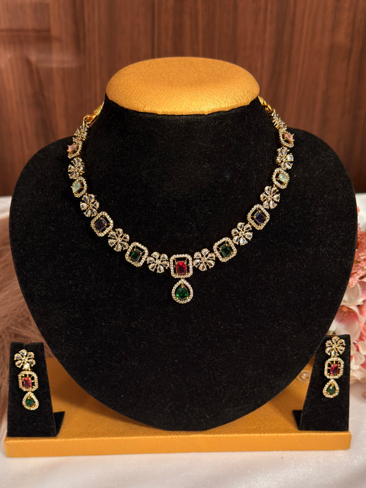 Multi stone flower design AD necklace