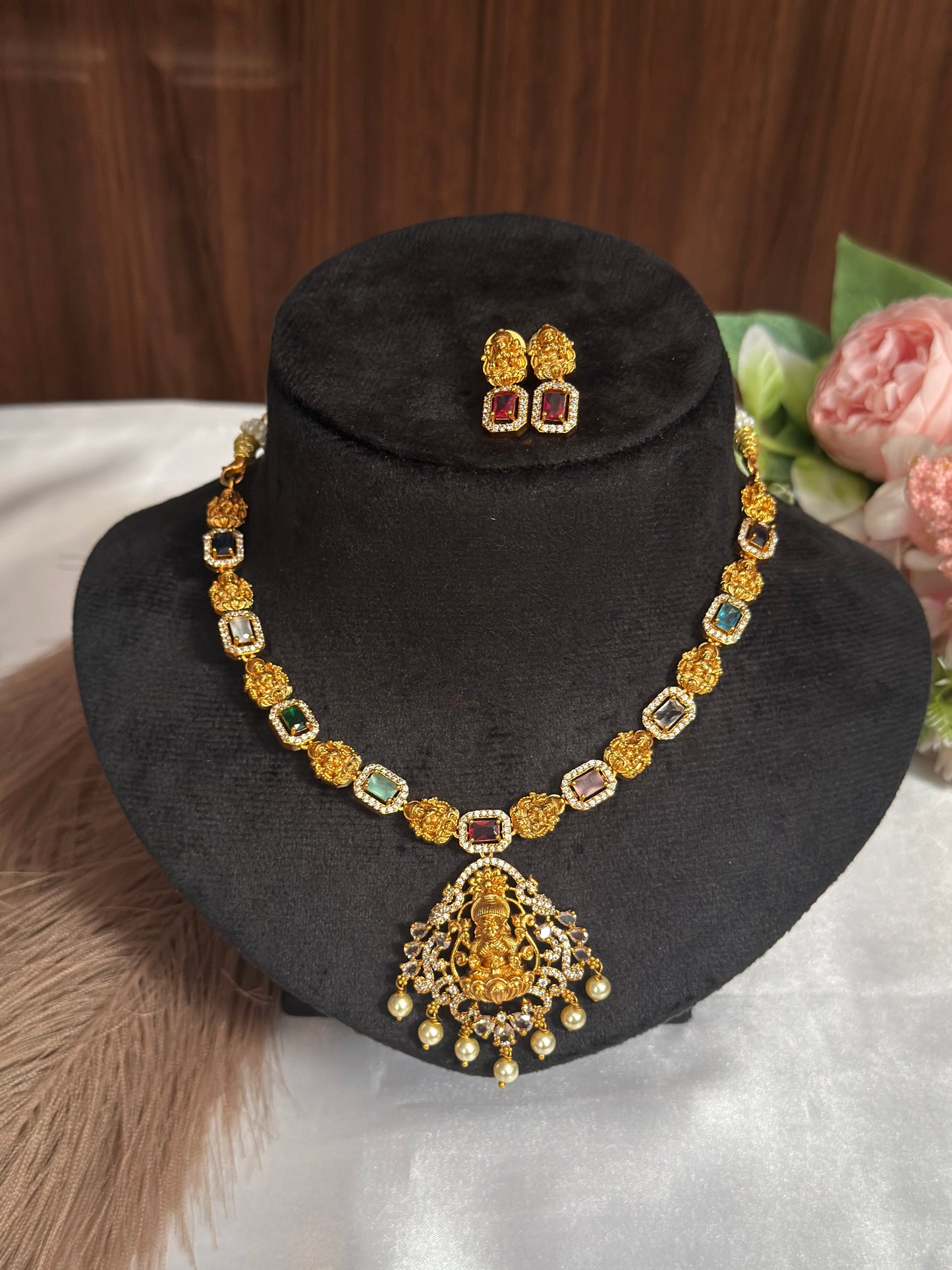 AD stone necklace with lakshmi dollar pearl hanging DIA27