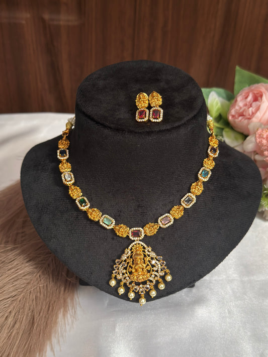 AD stone necklace with lakshmi dollar pearl hanging DIA27