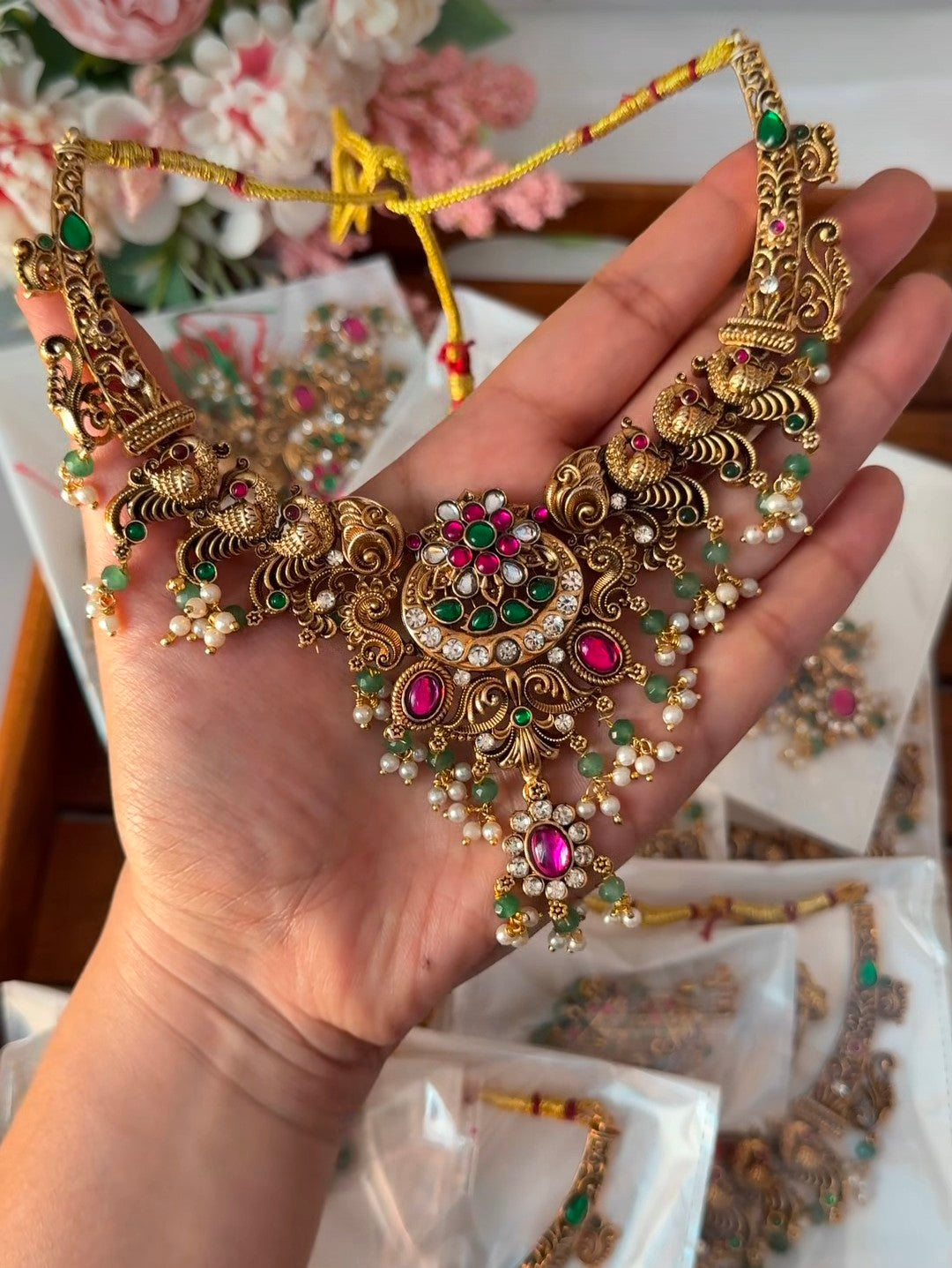 Peacock with Ruby Stone and Pearl Necklace NE177