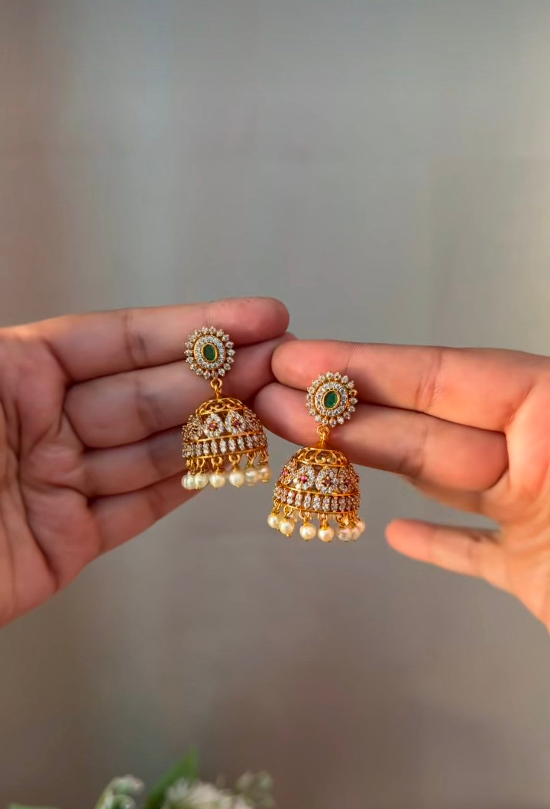 Green Stone Diamond with Pearls Earring EAR72