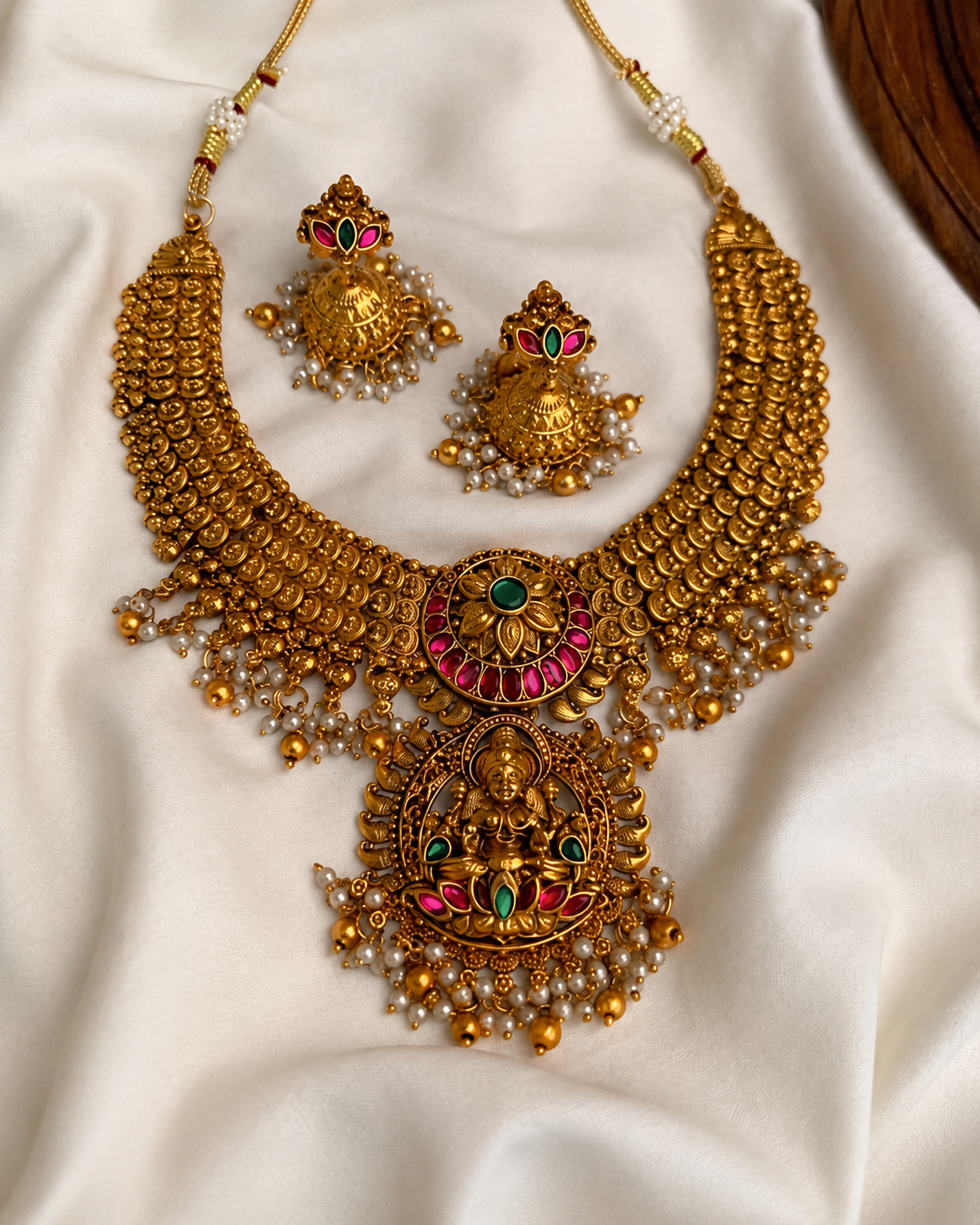 Premium Lakshmi Temple Choker Necklace Set with Ruby, Green Stones & Pearl Drops NE140