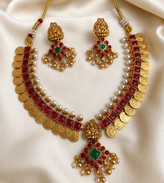 Ruby stone Pearl Coin Necklace NE139
