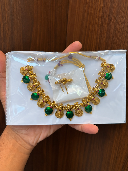Beautiful Green palakka with lakshmi Coin Necklace NE144